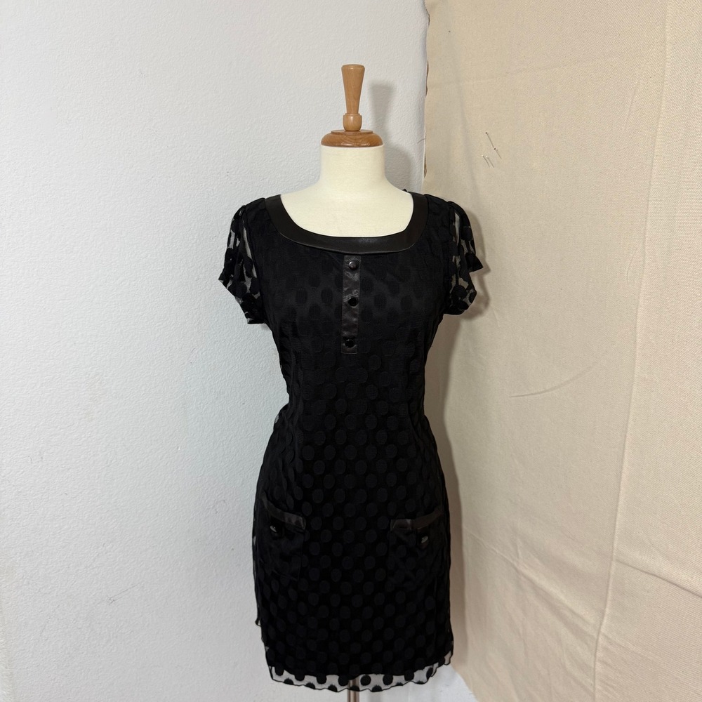 En Focus Studio Black Polka Dot Mesh Shift Dress Satin Trim Size 12 3761S